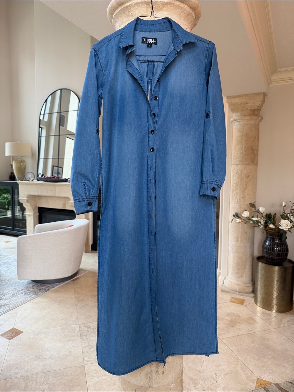 Thrill Blue Denim Shirt Dress Layering Piece with Button-Front Sz Small
